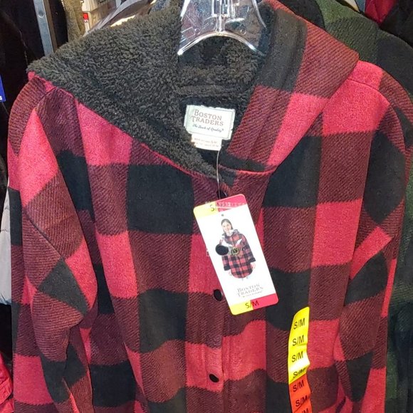 Boston Traders Buffalo Plaid Sherpa Lined Hooded Long Jackets --Red/Black - Picture 3 of 7